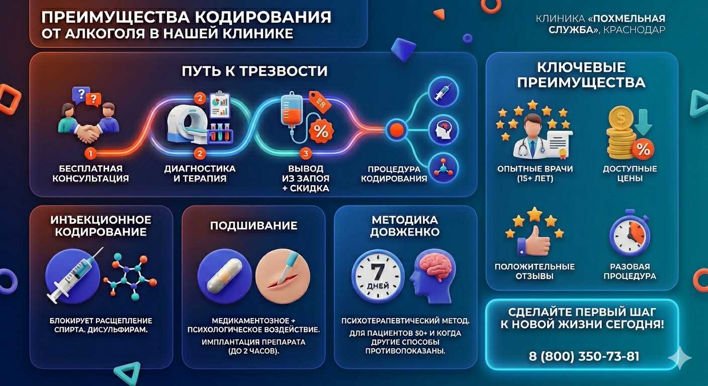 Инфографика о методах кодирования от алкоголя в Мельниково: инъекции, подшивание, метод Довженко. Преимущества клиники и этапы лечения.